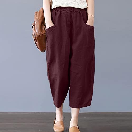 CHGBMOK Keten Pantolon Kadınlar için Capri Baggy Salonu Pantolon Cepler ile Pamuk Düz Renk Uzun Pantolon Geniş Bacak