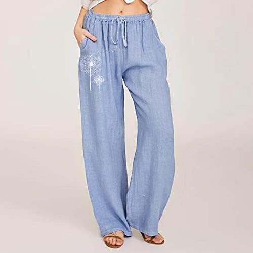Kadın yazlık pantolonlar, İpli Elastik Bel Geniş Bacak Gevşek Fit Yoga Pantolon Karahindiba Baskılı Baggy Pantolon