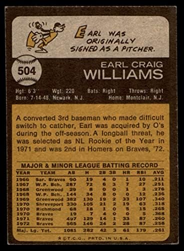 1973 Topps 504 xGAP Earl Williams Baltimore Orioles (Beyzbol Kartı) (Siyah Kenarlıkta Boşluk Yok) VG Orioles