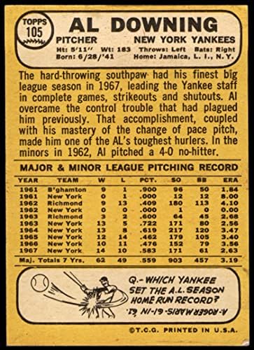1968 Topps 105 MB Al Downing New York Yankees (Beyzbol Kartı) (Milton Bradley/Sarı Sırtı Var) VG Yankees