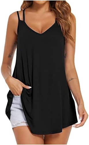 lcepcy Womens Yaz Bluzlar Spagetti Sapanlar V Boyun Kolsuz T Shirt Katı/Baskılı Gevşek Tunik Tayt için Tops