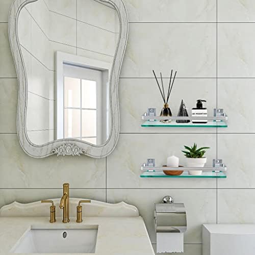 Sanbege Raylı 2'li Temperli Cam Banyo Rafı, 15 x 4.5 Dikdörtgen duş rafı, Lavabo, Mutfak, Oturma Odası için Duvara
