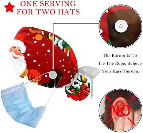 Düğmeli Kadınlar için tıbbi Kapaklar Uzun Saç, 2 Parça Ayarlanabilir Çalışma Kapağı, Kırmızı Noel Ağacı Noel Baba