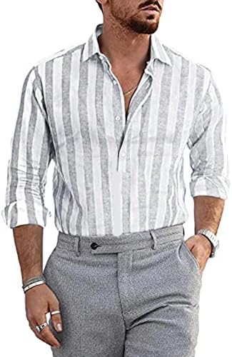 Erkek Moda Rahat Çizgili Keten Toka Yaka Uzun Kollu Gömlek Üst Bluz Casual Tee Gömlek
