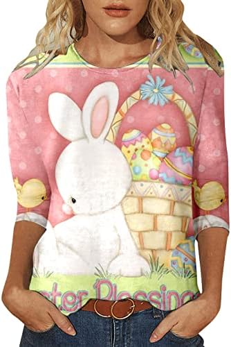 CGGMVCG Paskalya Gömlek Kadınlar için 3/4 Kollu Sevimli Tavşan Yumurta Baskı Moda Üç Çeyrek Kollu Üstleri Mutlu Paskalya