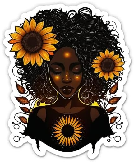 Siyah Kadın Ayçiçeği Sticker-3 laptop etiketi-Su Geçirmez Vinil Araba, Telefon, Su Şişesi-Afrika Amerikan Güçlü Güçlü