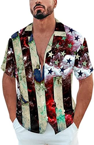 Bmısegm Yaz Erkek Plaj Gömlek Erkek Yaz Rahat Bağımsızlık Günü Baskı Gömlek Kısa Kollu Büyük ve Uzun Boylu Tee Gömlek
