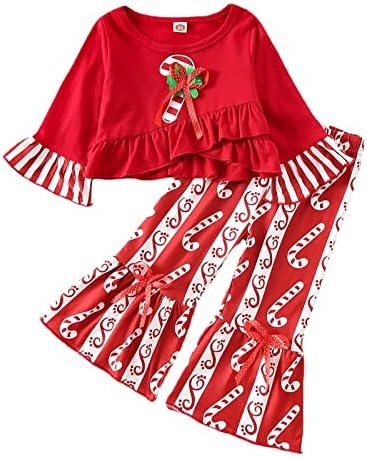 Checke Pantolon Gençler Noel Yürüyor Çocuk Çocuk Bebek Bebek Kız Uzun Ruffled Kollu Çizgili Bluz Tops (Kırmızı, 5-6