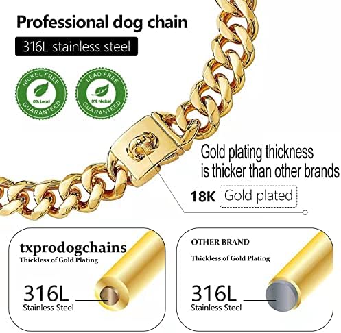 Altın Zincir Köpek Tasması, Orta Büyük Köpekler için Köpek Zinciri Tasmaları, 19mm Kalınlığında Altın Köpek Tasması